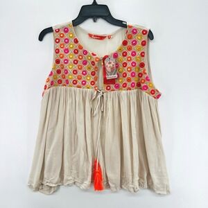 NEW Fusion Women's Boho Embroidered Babydoll Tie Front Top Size XL Retro